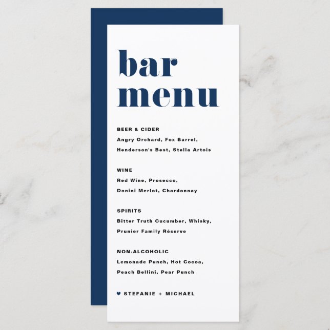 Menu Marinho  Blue Bold Retro Typografia Bar de Casamen (Frente/Verso)