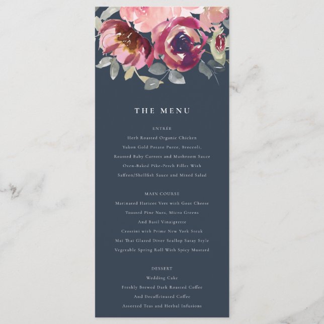MENU MARINHO BLUSH BURGUNDY WATERCOLOR FLORAL CASAMENTO (Frente)