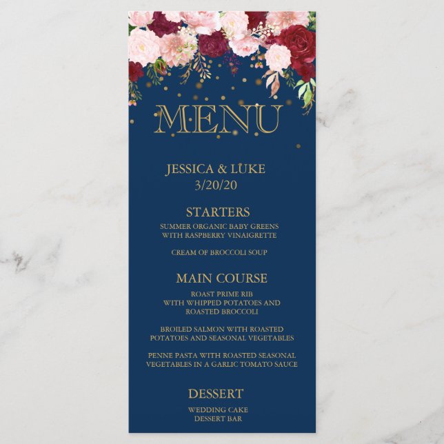 Menu Marinho Burgundy Casamento Floral Dourado Confetti (Frente)