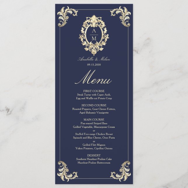 Menu Marinho Casamento Dourado Azul Barroco (Frente)