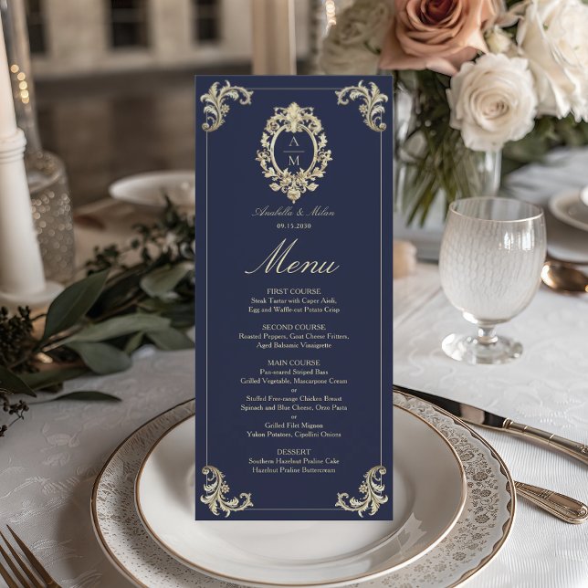 Menu Marinho Casamento Dourado Azul Barroco (Criador carregado)