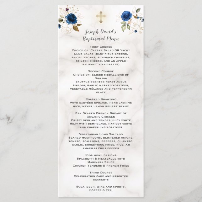 Menu Marinho de Aquarela Azul Dourado Batismo Floral (Frente)