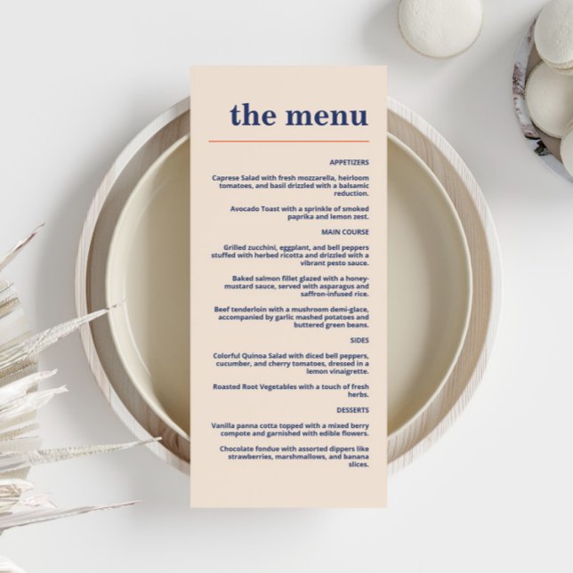 Menu Marinho de Casamento Apricot da Tipografia Negra M (Criador carregado)