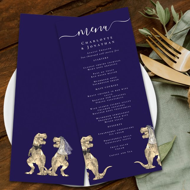 Menu Marinho de Casamento Dinossauro Azul e Branco (Dinosaur wedding menu navy blue & white modern elegant script T-Rex dino Bride & groom)