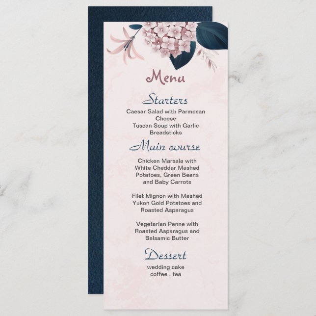 Menu marinho de flores rosa folhas casamento (Frente/Verso)
