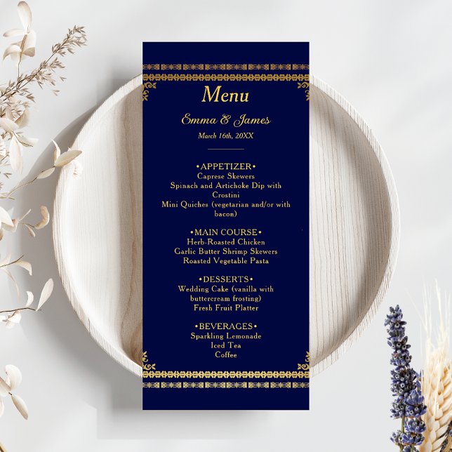 Menu Marinho de luxo Casamento Azul e Dourado (Criador carregado)