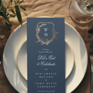 Menu marinho de ouro clássico monograma floral Casament