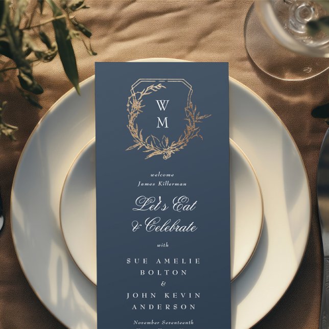 Menu marinho de ouro clássico monograma floral Casament (Criador carregado)