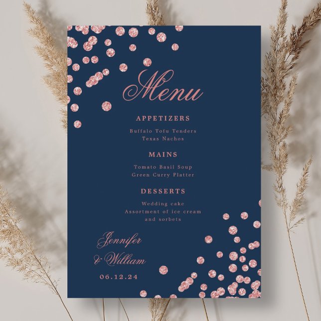 Menu Marinho Dourado Confetti de Casamento de Script Ro (Romantic Script Wedding Confetti Rose Gold Navy Menu)