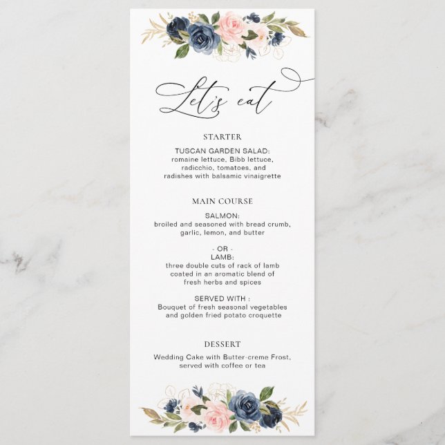 Menu marinho e blush floral casamento (Frente)