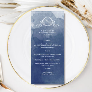 Menu Marinho Elegante Blue Watercolor, Casamento Monogr