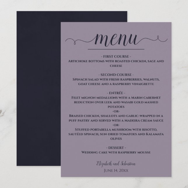 Menu Marinho Elegante Simples Azul no Casamento de Lava (Frente/Verso)