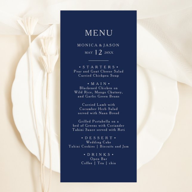 Menu Marinho mínimo clássico azul | Janto Silver Weddin (Criador carregado)