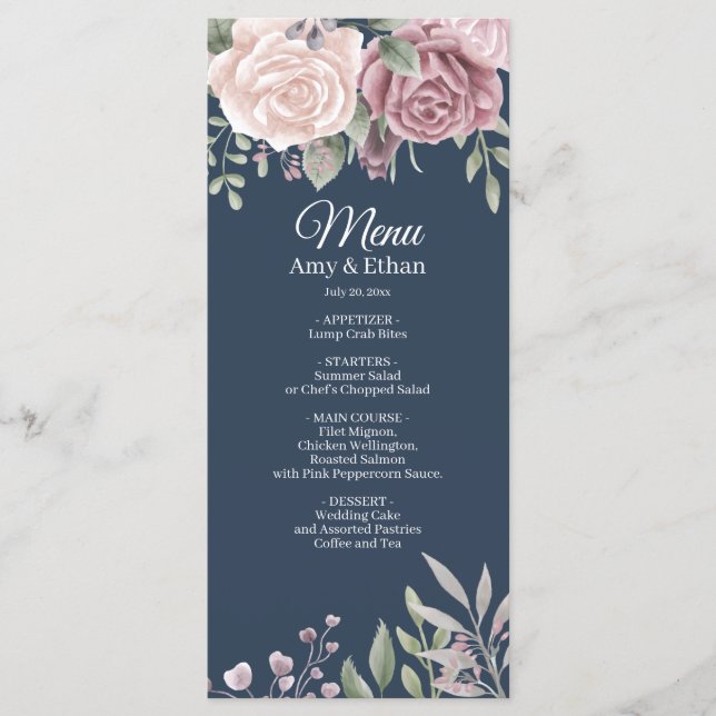 Menu Marinho Rustic Dusty Rosa Watercolor Flowers Casam (Frente)