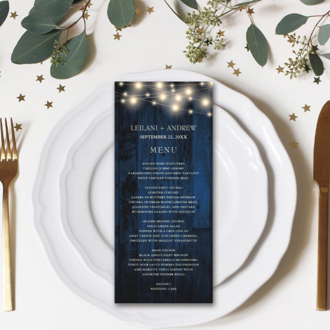 Menu Marinho Rustic Wood String Luzes Casamento (Criador carregado)