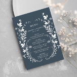 Menu Marinho Silhouette Wreath Silhouette<br><div class="desc">Este elegante cardápio de casamento apresenta flores silvestres como uma coroa e iniciais no verso. Para uma personalização mais avançada deste design,  clique no BOTÃO FERRAMENTA DESIGN AZUL acima! Itens correspondentes também estão disponíveis.</div>