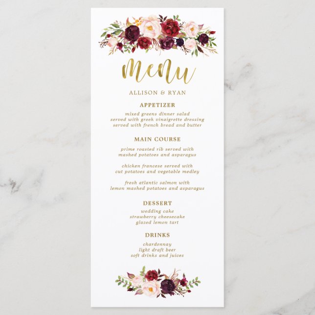 Menu Marsala Burgundy Flores Boho Wedding (Frente)