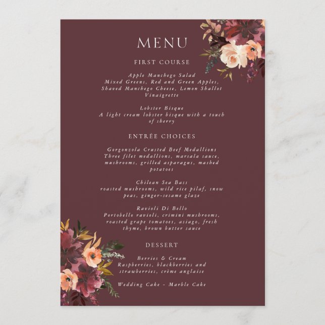 Menu Marsala Burgundy Peach Watercolor Floral (Frente)