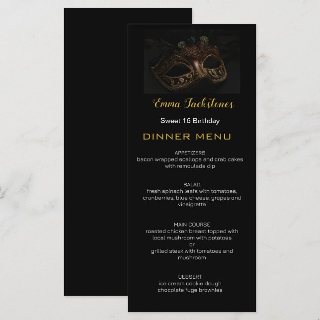 Menu Máscara de Mascarada Elegante Black Dourado Sweet  (Frente/Verso)