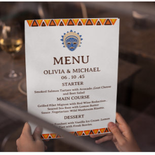 Menu Máscara Tribal Africana Editável para Casamento Ét