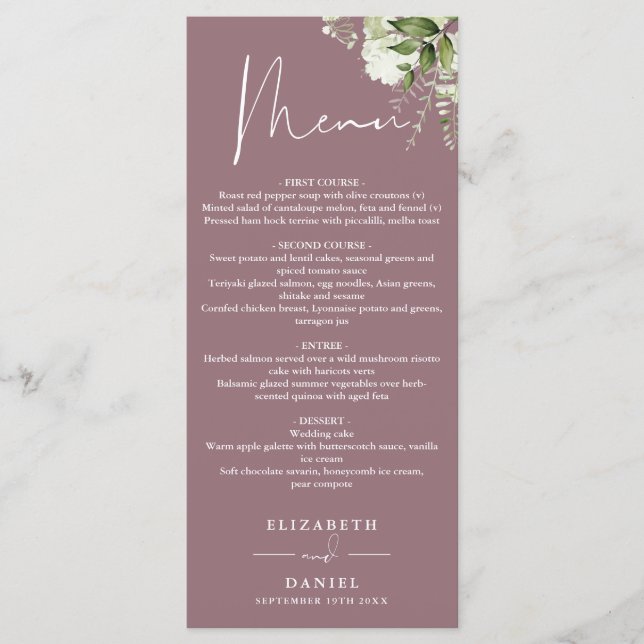 Menu Mauve Floral Greenery Monograma Janto Casado (Frente)