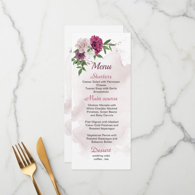 Menu mauve rosa flor branca verde casamento (Frente/Verso In Situ)