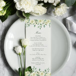 Menu Megan Elegant White Flowers Greenery Wedding<br><div class="desc">Este cardápio simples, moderno e elegante, de recepção de casamento apresenta duas belas bordas de água verde e flores brancas. Este bonito design também inclui os detalhes do menu definidos em uma fonte serif clássica, realçada por uma fonte moderna, escrita à mão, do script calliografia. O verso é embelezado com...</div>