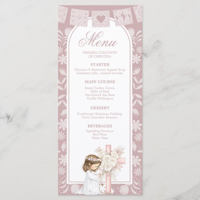 Menu Menina Rosa Ajoelhada Primera Comunion (Frente)