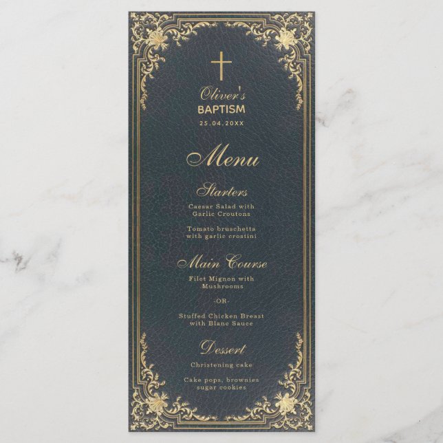 Menu Menino Azul do Batismo Vintage Dourado  Caligrafia (Frente)