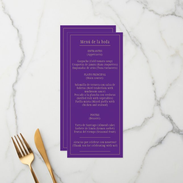 Menu Menú Bodas Oro Morado Bilingüe Español (Frente/Verso In Situ)