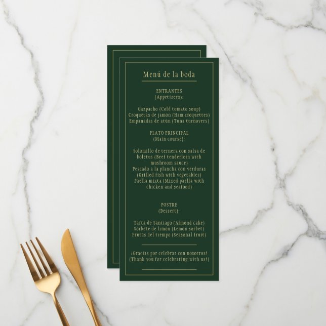 Menu Menú Bodas Oro Verde Bilingüe Español Inglés (Frente/Verso In Situ)