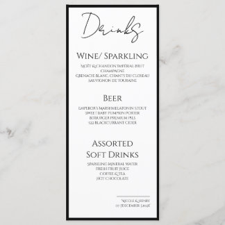 Menu Menú Drinks Minimal Bordes Negros Boda Elegante