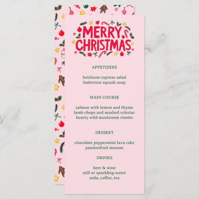 Menu Merry Christmas Cute CUSTOM Holiday Dinner Party (Frente/Verso)