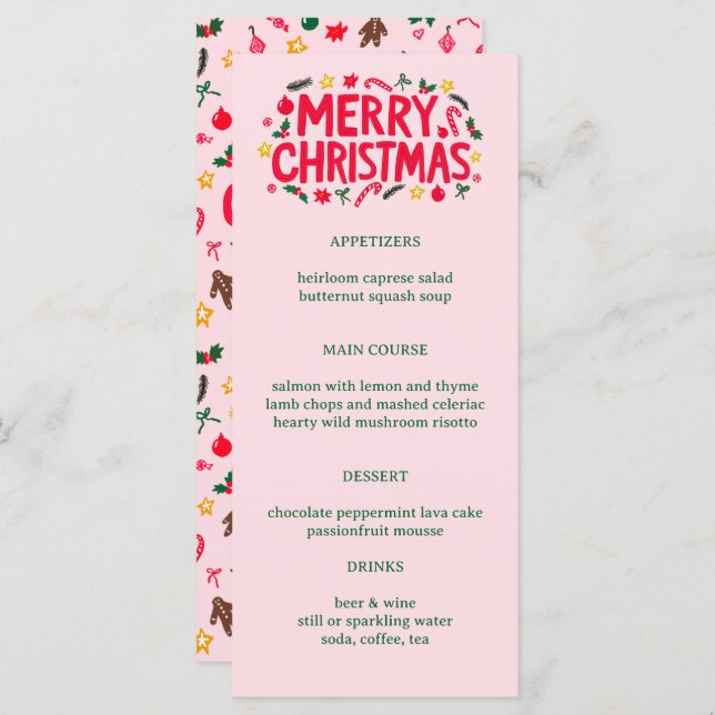 Menu Merry Christmas Cute CUSTOM Holiday Dinner Party (Frente/Verso)