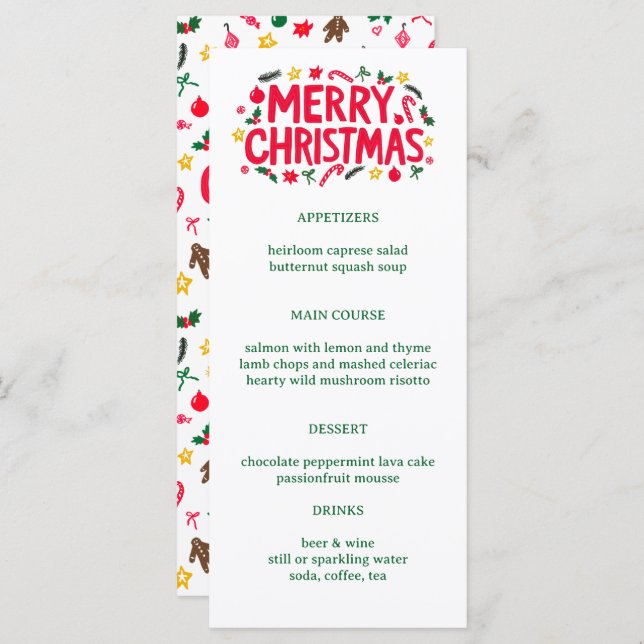 Menu Merry Christmas Cute CUSTOM Holiday Dinner Party (Frente/Verso)