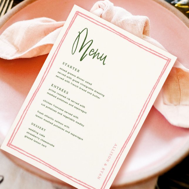 Menu Mesa de Casamento de Francês Rosa e Verde Escrita  (Criador carregado)