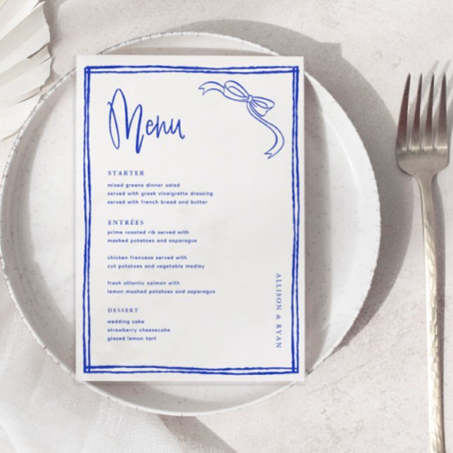 Menu Mesa de Casamento Francês Azul Escrito Manusc (Criador carregado)