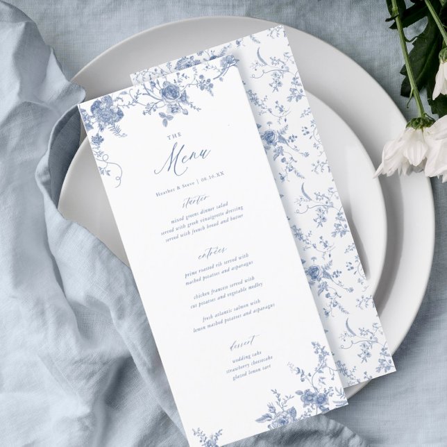 Menu Mesa Floral Azul Clássico de Casamento (Criador carregado)