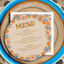 Menu Mexicano Floral Western Earthy Boho Tan Blue