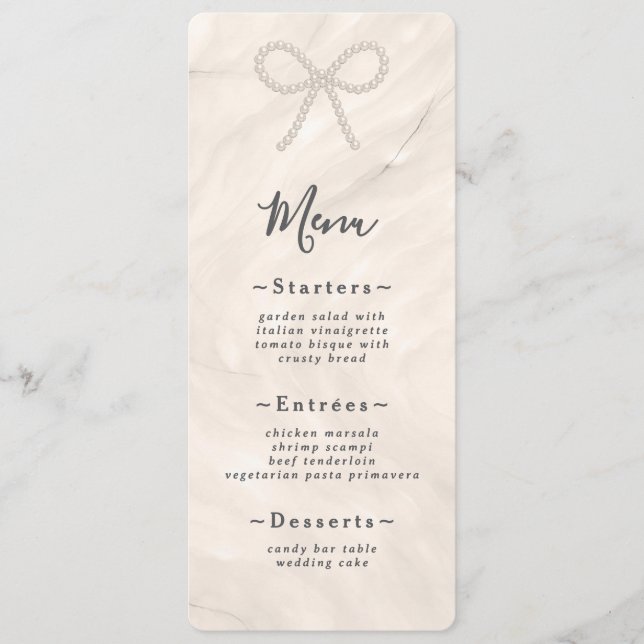 Menu Minimal Champagne Pearl Bow Wedding Reception (Frente)