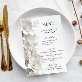 Menu Minimalist 3D White Floral  Luxury Elegant Wedding