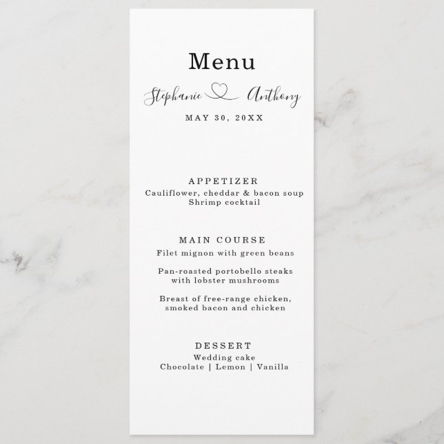 Menu Minimalist Black and White With a Heart Wedding   (Frente)