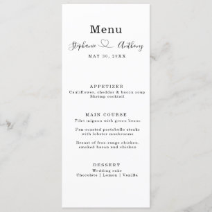 Menu Minimalist Black and White With a Heart Wedding