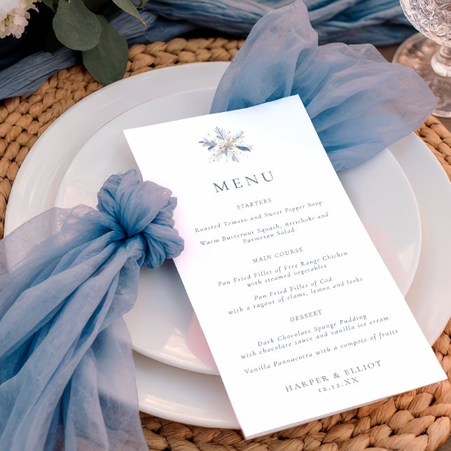 Menu Minimalist Blue Snowflake Winter Wedding (Criador carregado)