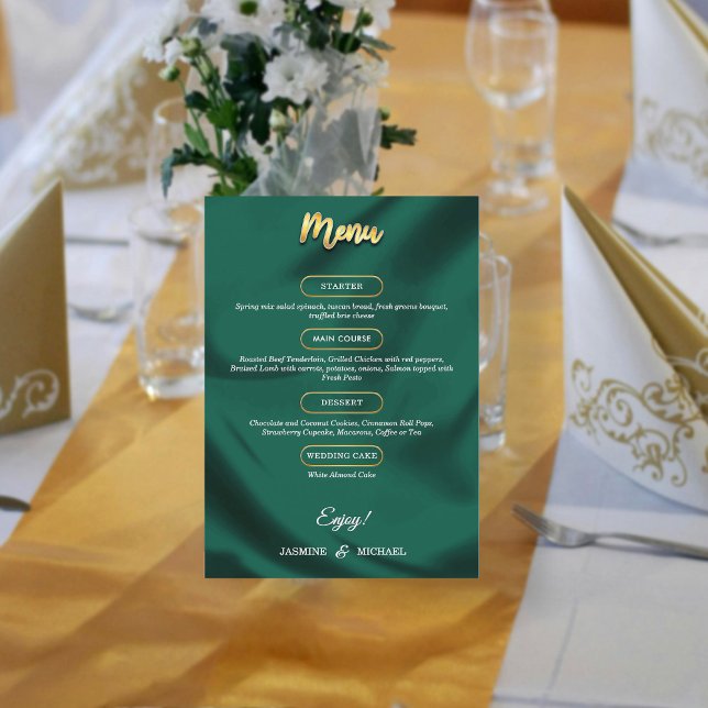 Menu Minimalist Elegant Emerald & Gold Script Wedding  (Criador carregado)