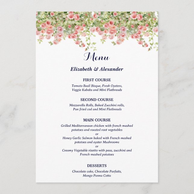 Menu Minimalist Simple Pretty rose vine floral wedding (Frente)
