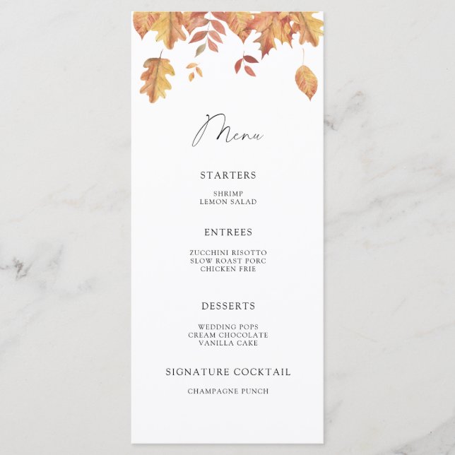 Menu minimalista de folhas caindo em aquarela (Frente)