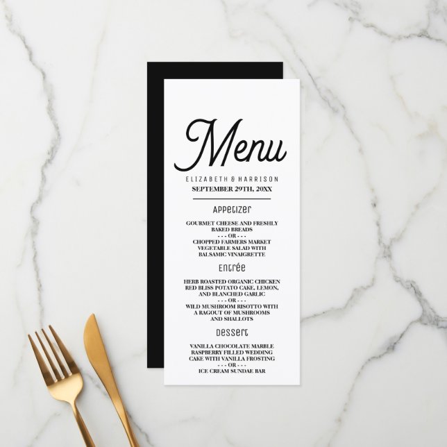 Menu Minimalista - Preto e Branco - Casamento (Frente/Verso In Situ)