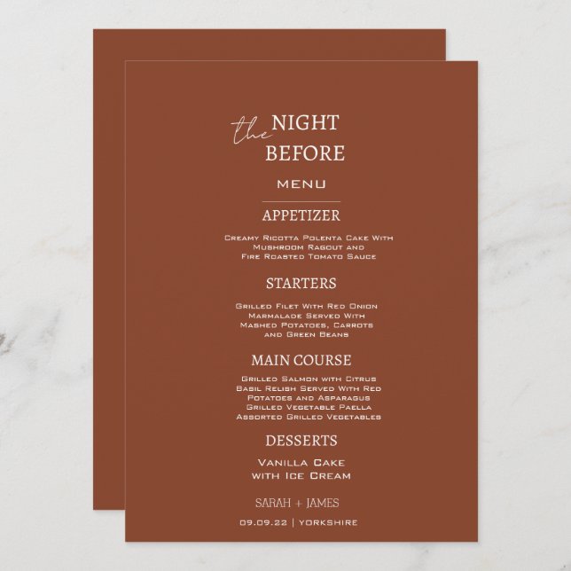 Menu Minimalista Terracotta na Noite Antes do Casamento (Frente/Verso)