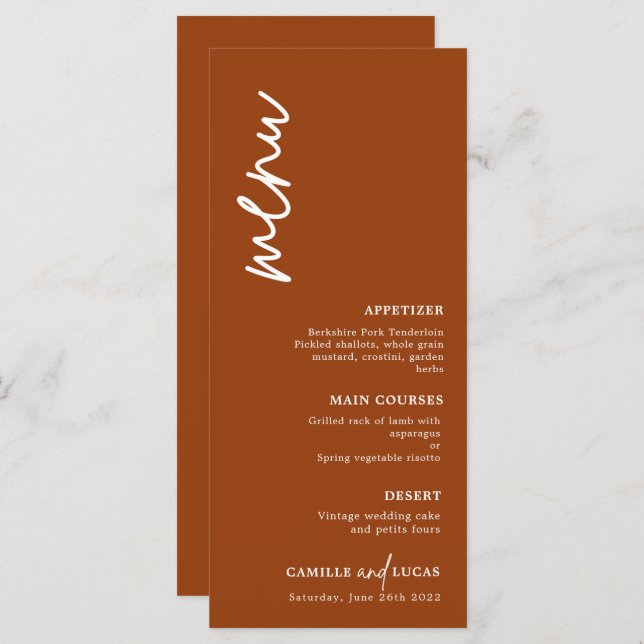 Menu Minimalista Terracotta Rust Wedding (Frente/Verso)
